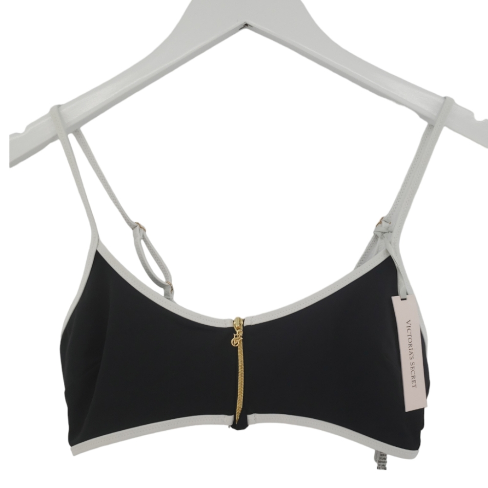 Victoria's Secret NWT Bikini Top Black Size Medium Zip Front Adjustable Straps